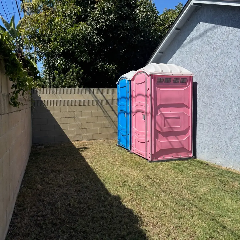 Two porta potties on a backyard lawn