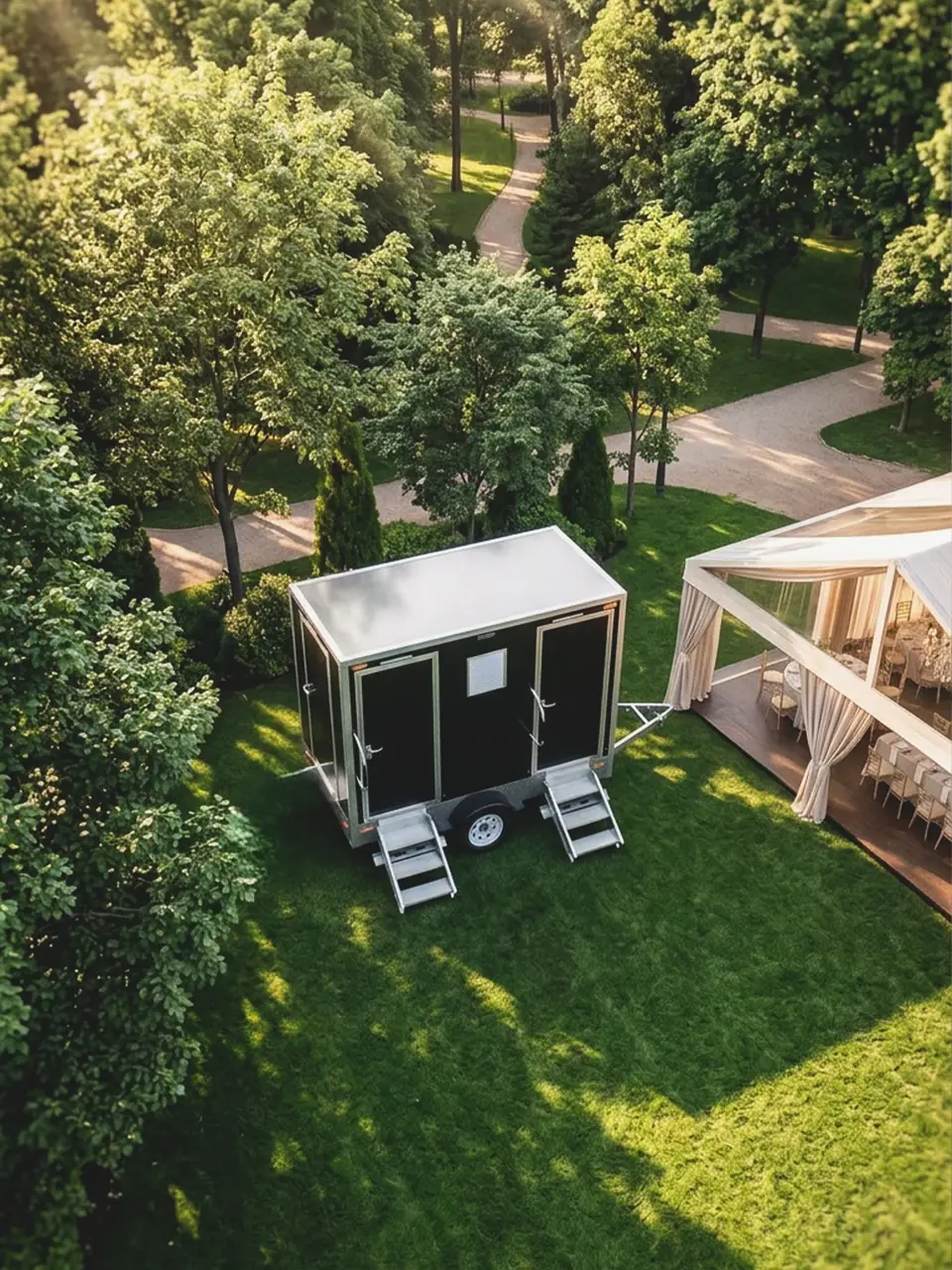 Restroom trailer on a lawn at a garden wedding